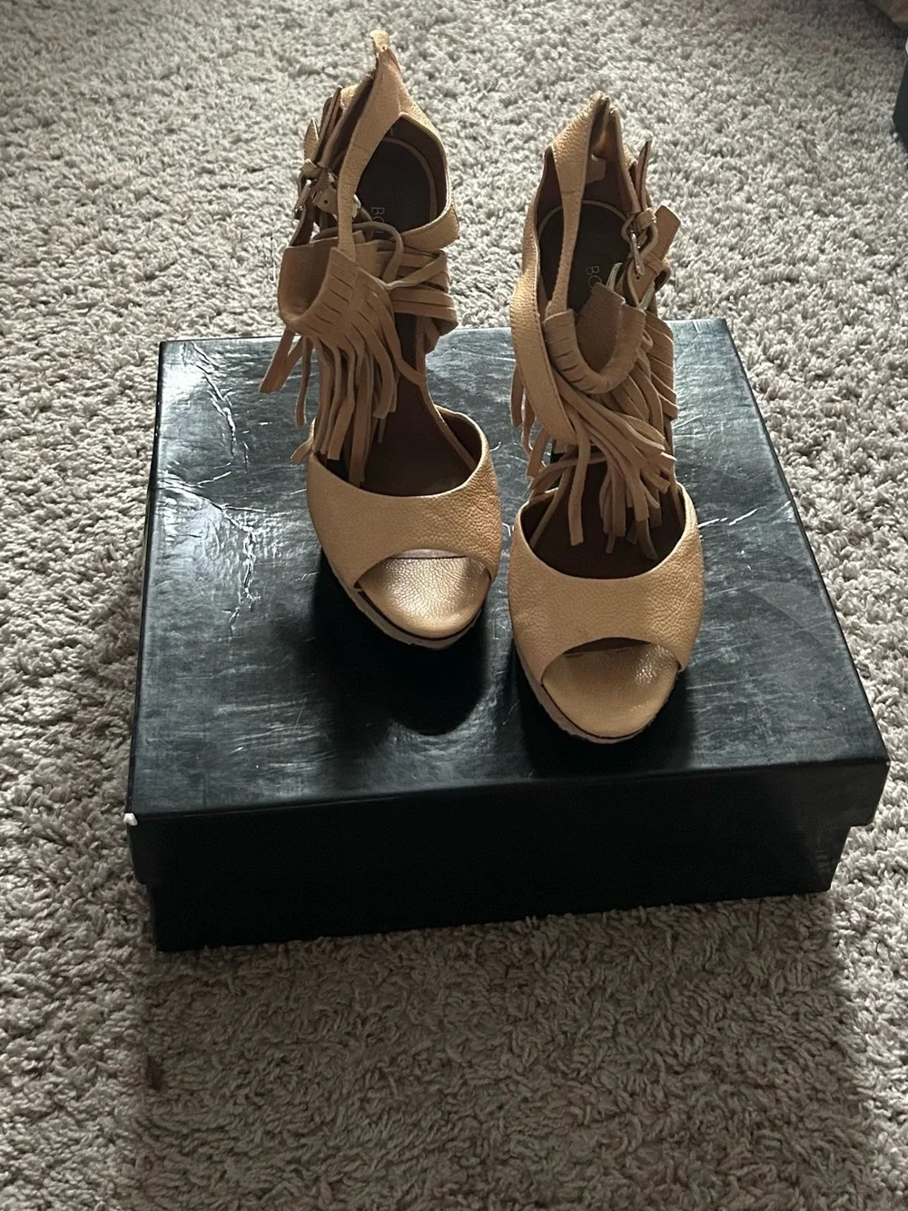 Boutique 9 Tan Fringe Peep-Toe Platform Sandals